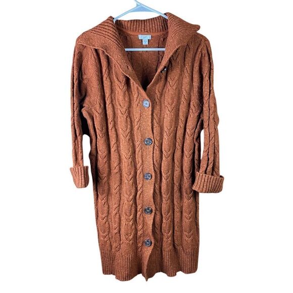 J.Jill Auburn Cable Knit Button Up Duster Cardigan Sweater Women’s Sz Med - Picture 1 of 5